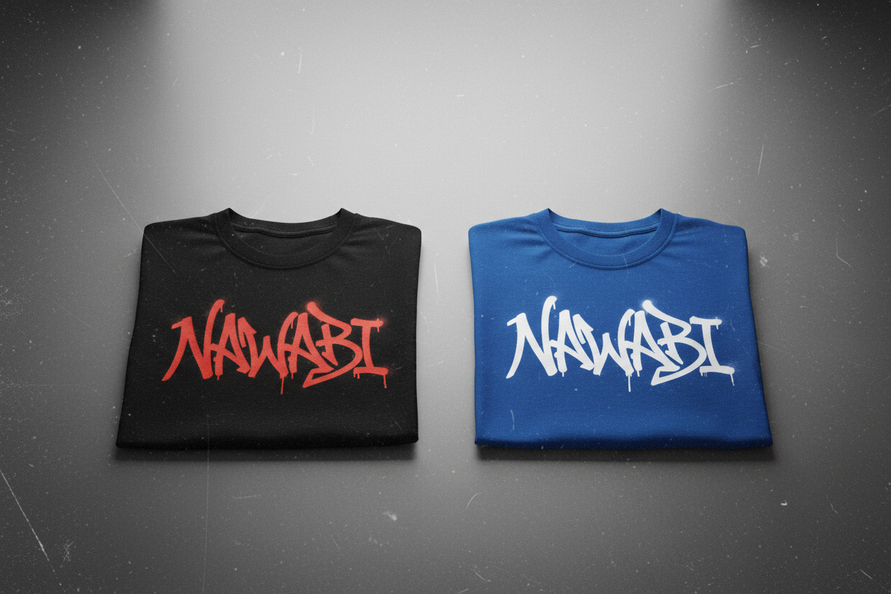 Create a bold streetwear hero image featuring one or two NAWABI T-shirts displayed front-facing. Each T-shirt should have a unique graffiti-style NAWABI logo in a high-energy font. Use vibrant colors like black, red, or electric blue with a clean urban studio background, soft gradient lighting, and subtle grunge texture. Minimal layout, product-centered, high-resolution, no people, no clutter.
